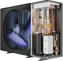 Innenansicht einer Wärmepumpe mit Ventilator und Rohrleitungen
