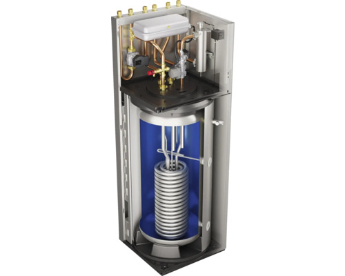 Schnittansicht einer Warmwasserbereitungseinheit mit Rohren und Heizspirale