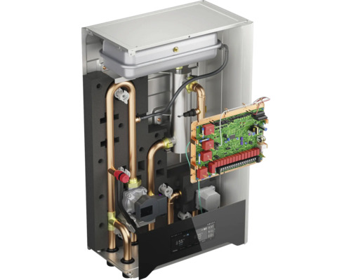 Geöffneter Heizkessel mit internen Komponenten und elektronischer Steuerung.