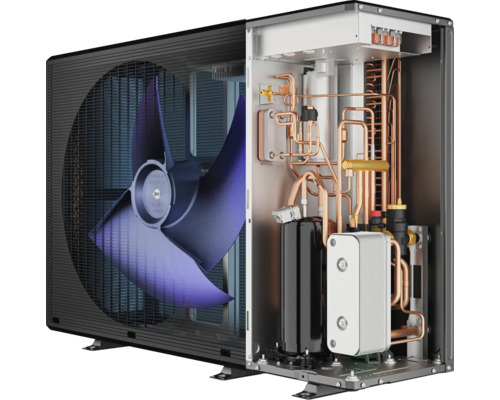 Innenansicht einer Wärmepumpe mit Ventilator und Rohrleitungen
