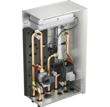 Innenansicht eines Heizkessels mit Rohren, Pumpe und elektronischen Bauteilen