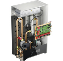 Innenansicht eines Heizkessels mit Kupferrohren, Elektronikplatine und digitaler Steuerung