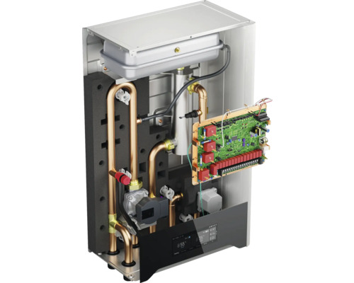 Innenansicht eines Heizkessels mit Kupferrohren, Elektronikplatine und digitaler Steuerung