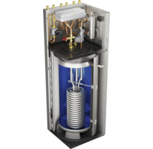 Querschnittsansicht eines Warmwasserspeichers mit Rohren und Heizspirale