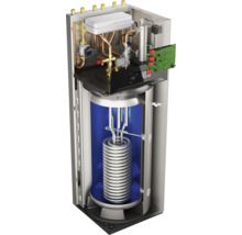 Innenansicht eines Warmwasserspeichers mit Rohren, Heizspirale und Steuerelementen