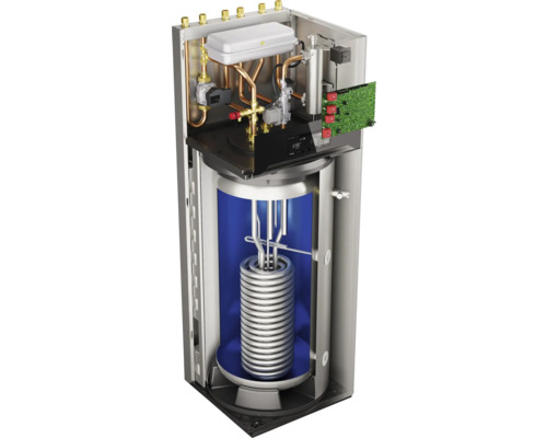 Innenansicht eines Warmwasserspeichers mit Rohren, Heizspirale und Steuerelementen