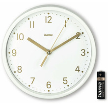 Weiße Wanduhr mit goldfarbenen Zeigern und Ziffern sowie einer Batterie