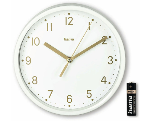 Weiße Wanduhr mit goldfarbenen Zeigern und Ziffern sowie einer Batterie