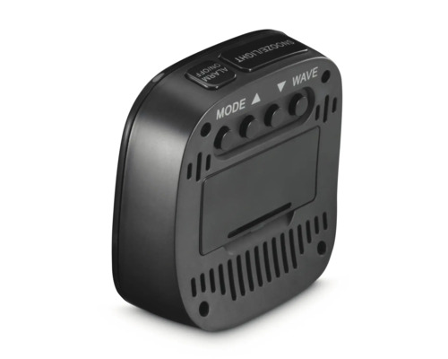 Schwarzer digitaler Radiowecker mit Tasten zur Einstellung von Modus, Alarm und Snooze-Funktion.