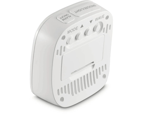 Weißer digitaler Wecker mit Knöpfen zur Einstellung von Alarm, Schlummerfunktion und Modus