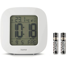 Weißer Funkwecker mit digitaler Anzeige und zwei Batterien