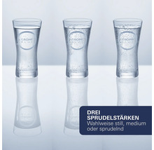 Drei Gläser mit Wasser und Kohlensäuregehalt: still, medium und sprudelnd