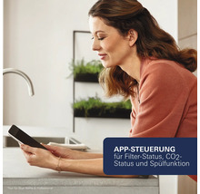 Eine Frau benutzt ein Tablet in der Küche zur App Steuerung von Filterstatus, Kohlenstoffdioxyd Status und Spülfunktion.