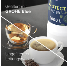 Tasse Tee und Tasse Kaffee neben einem Wasserfilter