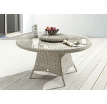 Runder Gartentisch aus Rattan mit Glasplatte, Geschirr und Obstschale