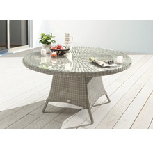Runder Gartentisch mit Glasplatte, Rattanstruktur und Dekoration
