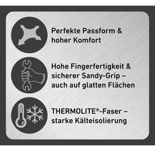 Symbole für perfekte Passform, hoher Komfort, hohe Fingerfertigkeit, sicherer Sandy-Grip und THERMOLITE-Faser für starke Kälteisolierung.