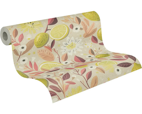 Tapetenrolle mit botanischem Muster aus Zitronen, Blüten und Blättern.