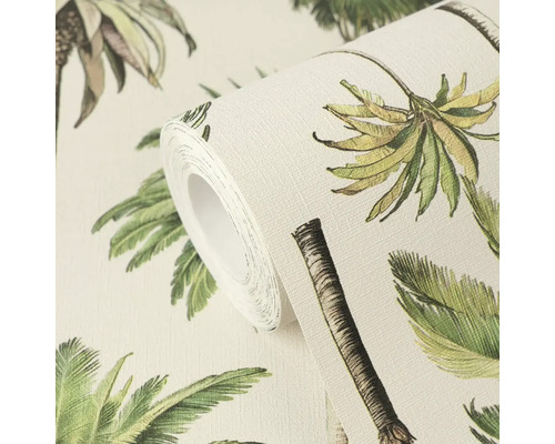 Vliestapete mit Palmenmuster in Grün und Braun, abgebildet als Rolle.