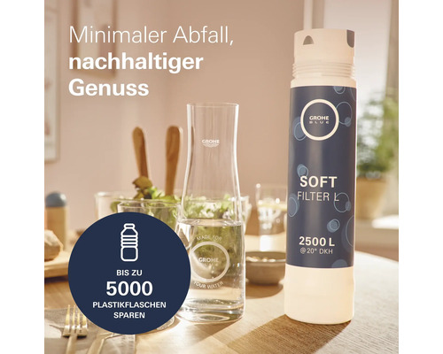Grohe Blue Wasserfilter und Glaskaraffe auf einem Tisch