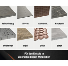 Übersicht verschiedener Baumaterialien wie Feinsteinzeug, Fliesen, Mauerwerk, Naturstein, Porenbeton, Stein, Ziegel und Beton