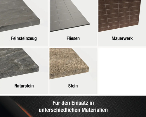 Produktübersicht verschiedener Materialien: Feinsteinzeug, Fliesen, Mauerwerk, Naturstein und Stein