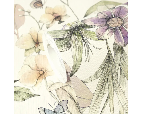 Eine Rolle strukturierte Tapete mit handgezeichnetem Blumenmuster aus Lilien und Schmetterlingen.