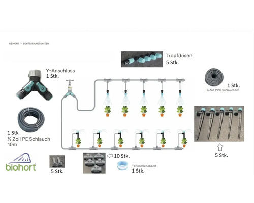 Biohort Bewässerungssystem mit Y-Anschluss, Tropfdüsen, PE-Schlauch, PVC-Schlauch und Teflon Klebeband