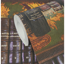 Vliestapete mit antikem Bücherregal-Motiv, detaillierte Buchrücken im Retro-Stil.