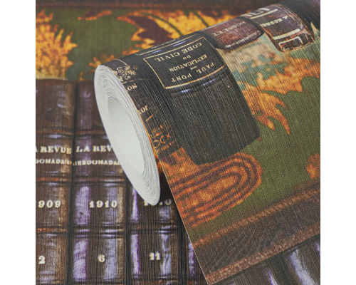 Vliestapete mit antikem Bücherregal-Motiv, detaillierte Buchrücken im Retro-Stil.
