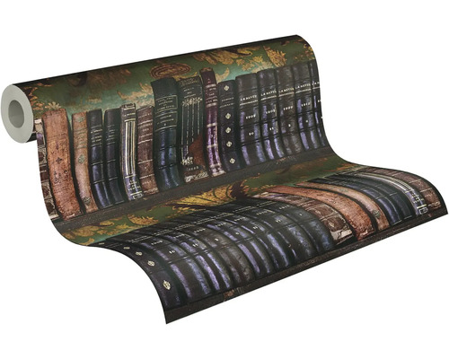 Tapete mit Motiv von antiken Buchrücken in einem Bücherregal auf einer Rolle.