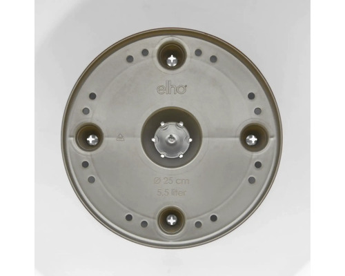 Elho Logo, Unterseite eines Blumentopfes, Durchmesser 25 cm, Volumen 5,5 Liter