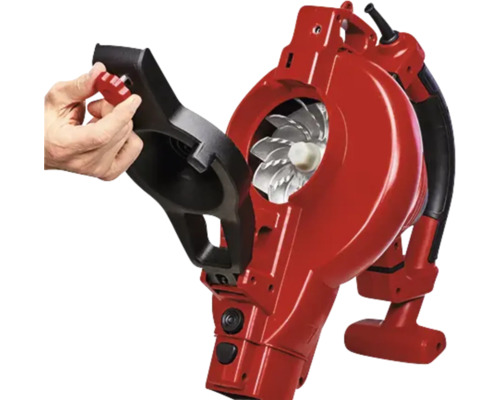Roter Laubsauger mit geöffnentem Gehäuse zur Ansicht des Gebläses.