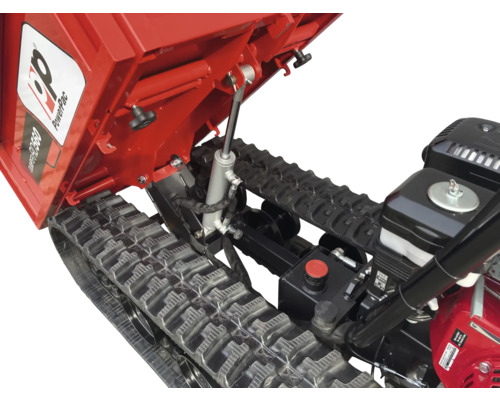 Detailansicht eines Kettendumpers mit hydraulischem Kippmechanismus