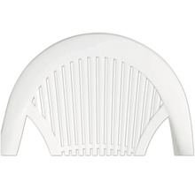 Detailaufnahme der Rückenlehne eines Gartenstuhls aus Kunststoff mit vertikalen Streben.