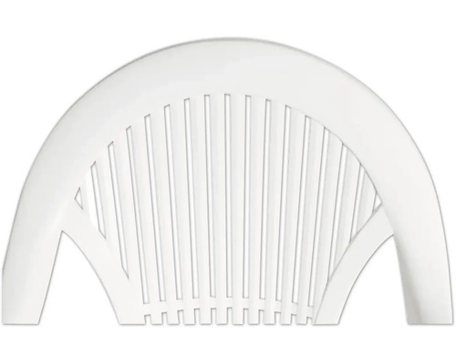 Detailaufnahme der Rückenlehne eines Gartenstuhls aus Kunststoff mit vertikalen Streben.