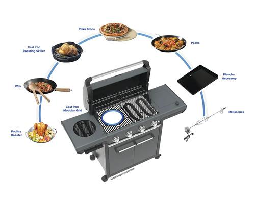 Gasgrill mit Zubehör wie Wok, Pizzastein, Paella Pfanne und Drehspieße