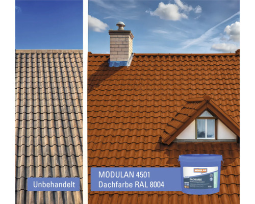 Dach mit unbehandelten und mit Dachfarbe RAL 8004 behandelten Ziegeln