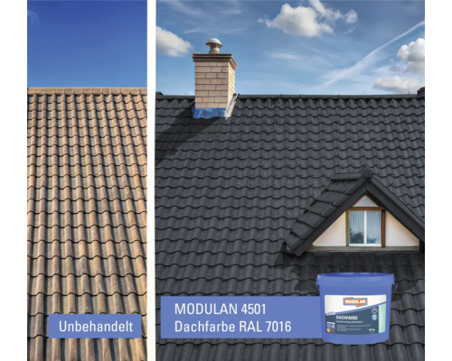 Vorher-Nachher-Vergleich eines Daches, unbehandelt und mit MODULAN 4501 Dachfarbe RAL 7016 behandelt