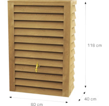 Regentonne in Holzoptik mit Auslaufhahn, Maße 118 Zentimeter hoch, 80 Zentimeter breit und 40 Zentimeter tief.