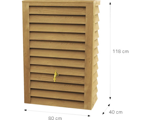 Regentonne in Holzoptik mit Auslaufhahn, Maße 118 Zentimeter hoch, 80 Zentimeter breit und 40 Zentimeter tief.