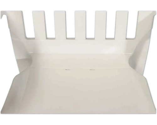 Weiße Kunststoff-Aufbewahrungsbox mit Lamellenrückwand und flachem Boden.