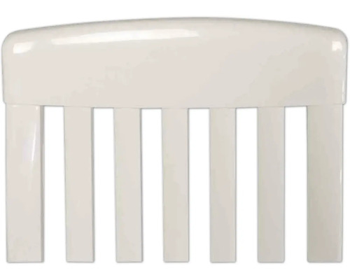 Weiße Heizkörperverkleidung mit vertikalen Lamellen und abgerundeter Oberkante.