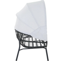 Garten-Lounge-Sessel mit verstellbarem Sonnendach, schwarzem Kunststoffgeflecht und Metallgestell.