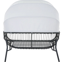 Rückansicht einer Garten-Sonneninsel mit weißem Sonnendach und schwarzem Geflechtgestell aus Polyrattan.