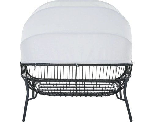 Rückansicht einer Garten-Sonneninsel mit weißem Sonnendach und schwarzem Geflechtgestell aus Polyrattan.