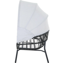 Garten-Loungesessel mit Sonnendach aus Polyrattan-Geflecht, dunkelgrauem Metallgestell und hellgrauem Stoffbezug.