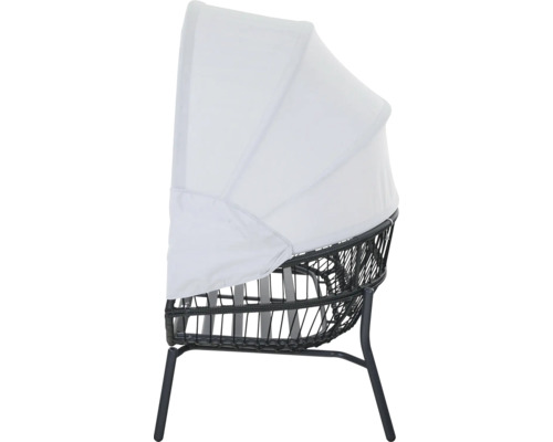 Garten-Loungesessel mit Sonnendach aus Polyrattan-Geflecht, dunkelgrauem Metallgestell und hellgrauem Stoffbezug.