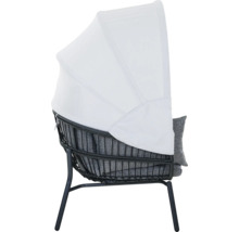 Garten-Loungesessel mit weißem Sonnendach, schwarzem Polyrattan-Geflecht und grauen Kissen.