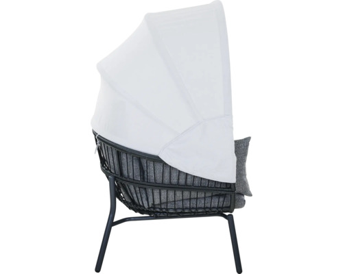 Garten-Loungesessel mit weißem Sonnendach, schwarzem Polyrattan-Geflecht und grauen Kissen.